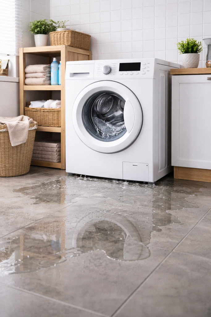 Eau au sol sous un lave-linge indiquant une fuite