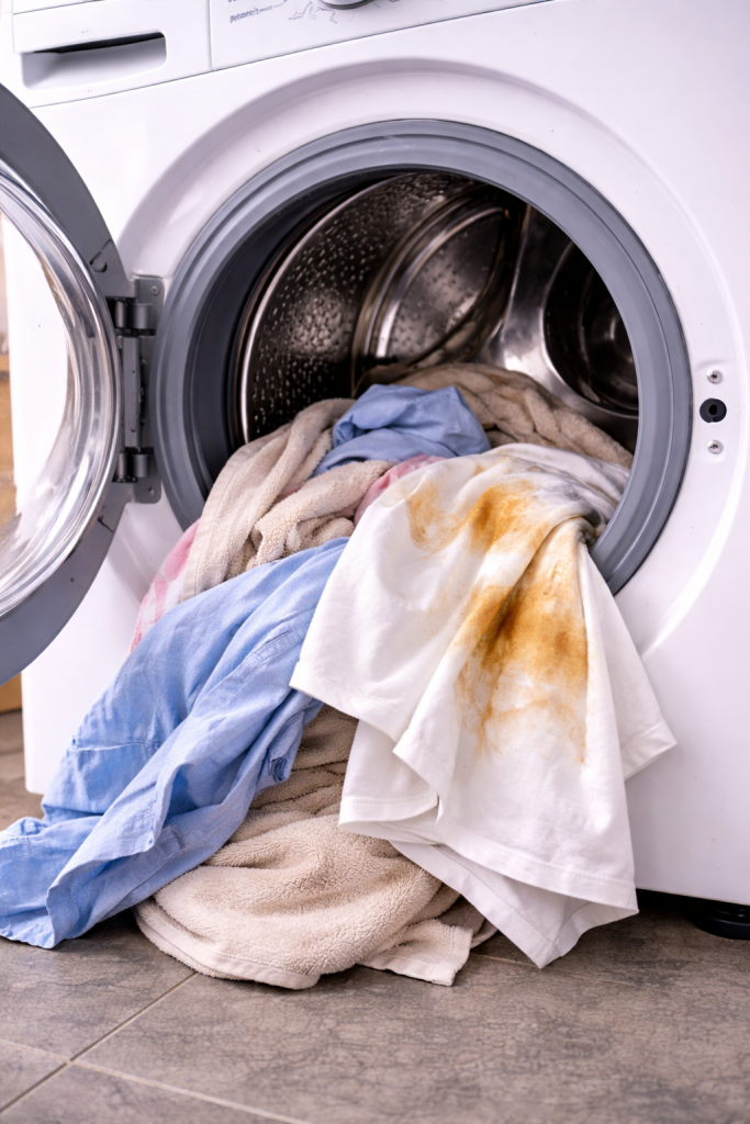 Linge ressortant mal lavé d’un lave-linge après un cycle